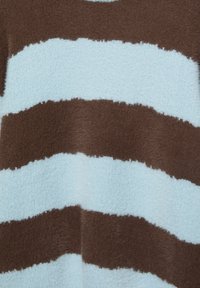 Brown and light blue striped sweater in soft, fluffy fabric. Stripes are wide and uneven, creating a textured appearance. No hardware visible.