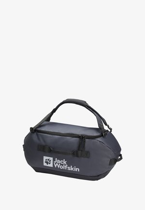 Sac de sport durable, gris foncé, avec une forme structurée, une poignée rembourrée, une fermeture éclair et un logo blanc bien visible sur le côté.