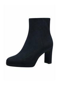 Černé semišové ankle boty se čtveratou špičkou, vysokým blokovým podpatkem a hladkou texturou. Mají minimální detaily a elegantní, moderní design.