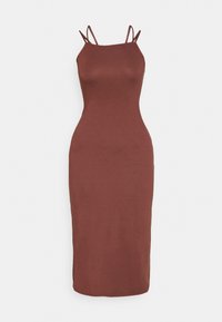 Vestido midi em tecido castanho escuro com um design ajustado, alças finas ajustáveis e um corte reto. Textura suave, silhueta até ao joelho.