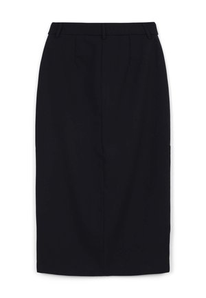 Black pencil skirt made from smooth fabric, featuring a tailored fit, two front pleats, and a waistband with belt loops. No visible fasteners.