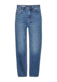 Jean classique bleu à coupe droite avec cinq poches, fermeture par bouton et zip, et détails subtilement délavés sur les cuisses.