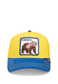 Gorra de algodón amarilla con visera azul, parche bordado de un oso y la palabra "STRENGTH" en la parte frontal.