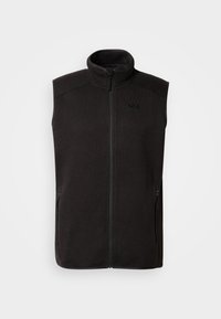 Μαύρο γιλέκο από φλις με ψηλό γιακά, φερμουάρ στο μπροστινό μέρος, δύο πλαϊνές τσέπες και διακριτική λεπτομέρεια λογότυπου. Λεία υφή με εφαρμοστή γραμμή.