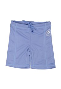 Ljusblå badshorts i ventilerande tyg, med dragsko i midjan och logotyp-emblem på sidan, samt kontrasterande sömmar.