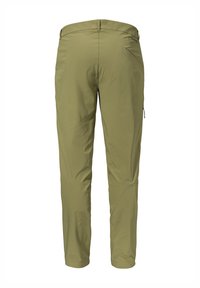 Olivgrüne Wanderhosen mit glatter Textur, geradem Bein Design und einer Reißverschlusstasche an der Seite. Mit verstellbarem Bund.