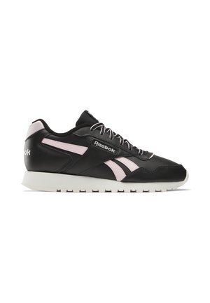 Black and light pink Reebok sneaker with white sole, side logo, and lace-up design shown in profile view.