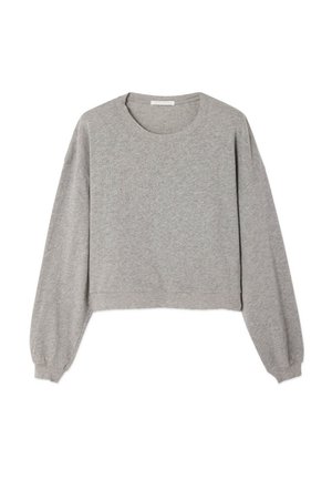 Hall triiksärgiga lühendatud dressipluus ümarate kaelusega, pikkade balloonvarrukatega ja soonikkoega. Peamine materjal näib pehme ja vabaajaliseks.