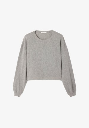 Szara skrócona bluza z okrągłym dekoltem, długimi balonowymi rękawami i prążkowaną fakturą. Główny materiał wydaje się miękki i casualowy.