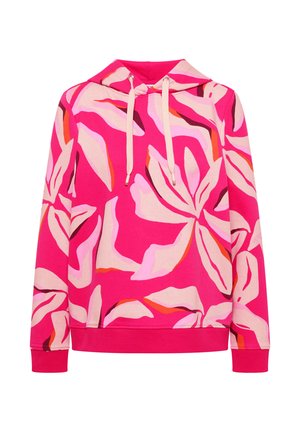 Sweat à capuche rose avec de grands motifs floraux abstraits en rose clair, orange et rouge foncé, doté d'une capuche à cordon et de poignets et ourlet côtelés.
