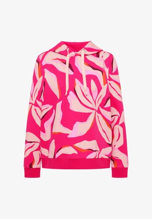Sweat à capuche rose avec de grands motifs floraux abstraits en rose clair, orange et rouge foncé, doté d'une capuche à cordon et de poignets et ourlet côtelés.