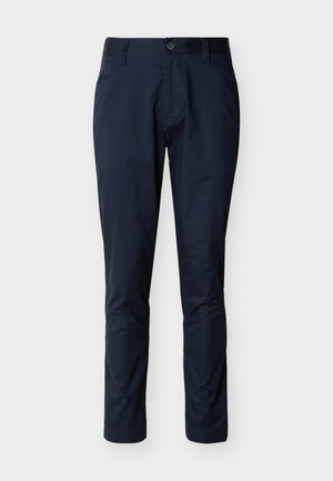 Pantalon décontracté pour homme, coupe ajustée, bleu marine, avec passants pour ceinture, poches latérales, fermeture à boutons et coupe sur mesure.