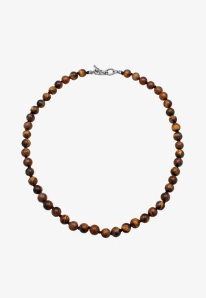 Kralenketting gemaakt van bruine tijgeroogstenen, met een zilveren sluiting, ronde kralen met een gladde structuur en natuurlijke strepen.