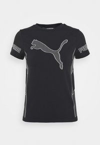 Svart kortärmad träningsskjorta med en stor silver Puma-logga. Har meshsidor och kontrastsömmar längs sidorna.