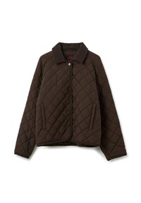 Braune gesteppte Jacke mit einem Cordkragen, Druckknopfverschluss und Seitentaschen. Merkmale sind das Rautenmuster und der strukturierte Stoff.