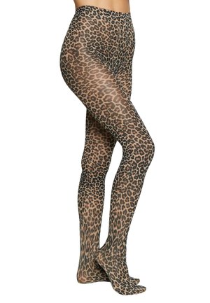 Collant a stampa leopardata, materiale trasparente, design a vita alta, motivo testurizzato, che unisce tonalità di beige e nero, stile senza piedi.
