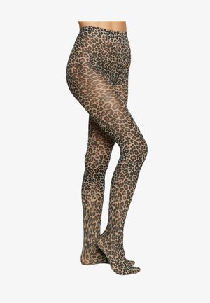 Leopard print tights, sheer material, high-waisted design, textured pattern, blending tan and black tones, footless style.