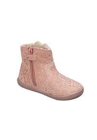 Botín de ante rosa con patrón floral dorado, forro de lana, cremallera lateral y una suela de goma flexible para mayor comodidad y facilidad de uso.