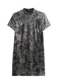 Vestido de manga corta con un diseño de lentejuelas negras y plateadas con patrones de cachemira, escote redondo y cierre de cremallera en la parte posterior.