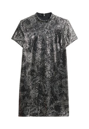 Sukienka z krótkim rękawem z czarnym i srebrnym wzorem z cekinów w stylu paisley, okrągłym dekoltem i zapięciem na zamek z tyłu.