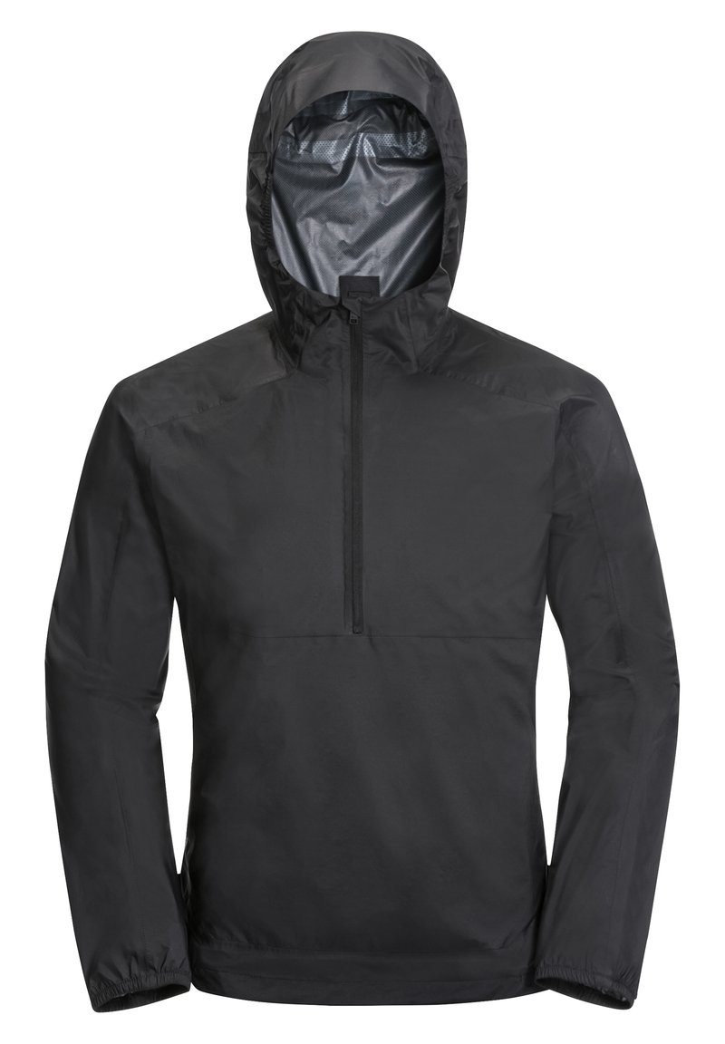 Schwarze, leichte Jacke mit Kapuze und halbem Reißverschluss vorne. Mit elastischen Bündchen und einer glatten, wasserabweisenden Oberfläche.