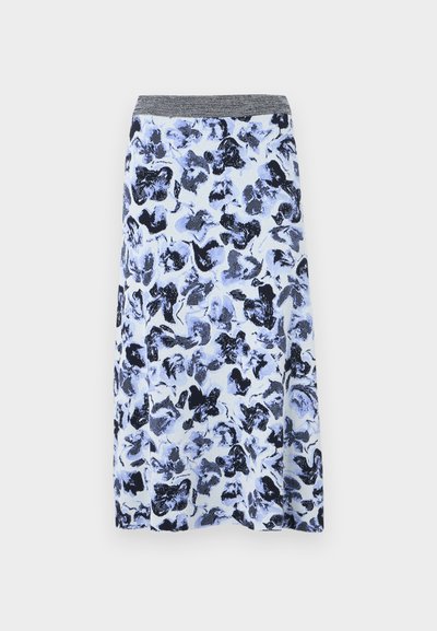 Fustă cu imprimeu floral albastru și alb, dintr-un material ușor, cu un tiv gri și o formă fluidă în A. Prezintă modele florale abstracte, în nuanțe închise.