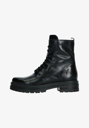 Botas de cuero negras hasta el tobillo con punta redondeada, cordones en la parte delantera y una suela resistente. Presentan una textura lisa y sutiles detalles de costura.