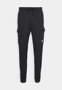 Svarta sweatpants med dragsko i midjan, sidofickor i cargo-stil och vita accentstripes på sidorna. Har en broderad logotyp på fickan.