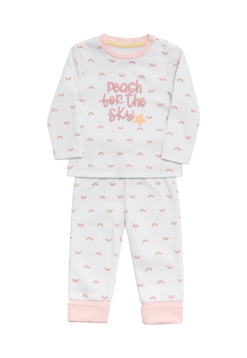 Conjunto de pijama de algodón blanco que incluye manga larga y pantalones, adornado con pequeños patrones de medias lunas rosas y el texto "peach for the sky" en rosa con una estrella dorada.
