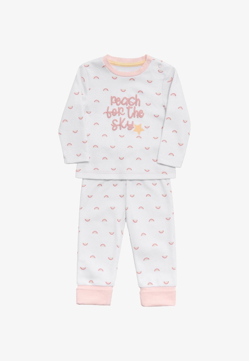 Conjunto de pijama de algodón blanco que incluye manga larga y pantalones, adornado con pequeños patrones de medias lunas rosas y el texto "peach for the sky" en rosa con una estrella dorada.
