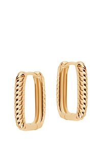 Złote kolczyki w kształcie obręczy z plecionym wzorem w kształcie prostokąta, z polerowaną powierzchnią i gładkimi krawędziami. Lekkie i nowoczesne w stylu.