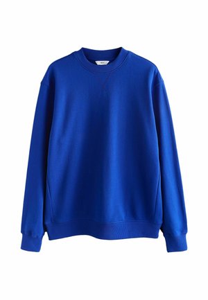 Blue crewneck sweatshirt with long sleeves and ribbed cuffs and hem, displayed on a white background.