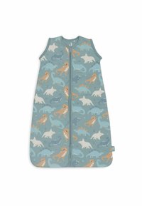 Sac de couchage à design sans manches, en tissu pastel bleu-vert présentant des motifs ludiques d'animaux et de dinosaures, avec fermeture éclair sur le devant.