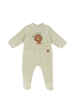 Body bébé rayé beige et blanc à manches longues, avec pieds intégrés, deux poches avant et un patch lion avec le texte « MEU ROOARR! ».