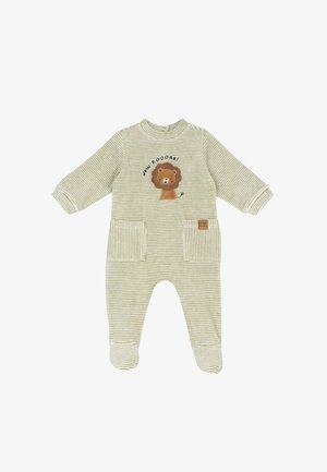 Body bébé rayé beige et blanc à manches longues, avec pieds intégrés, deux poches avant et un patch lion avec le texte « MEU ROOARR! ».