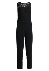 Mono negro con un top de encaje y escote cuadrado, cintura ajustada y piernas estrechas, confeccionado en una tela suave.