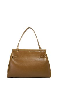 Brown leather handbag with a structured shape. Features a single top handle, metal hardware accents, and a smooth, glossy texture.
