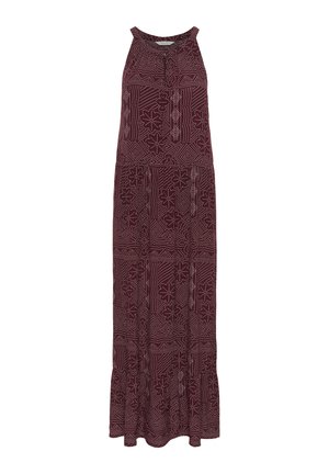 Mouwloze bordeaux rode maxi-jurk met een gestructureerd geometrisch patroon, een knoopsluiting en een uitlopende zoom. Gemaakt van lichtgewicht stof.