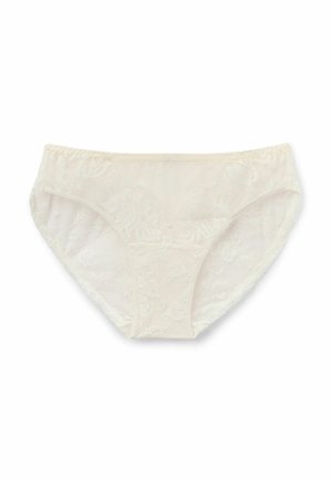 Lace brief in off-white with floral patterns, elastic waistband, and full coverage. Soft, lightweight material with delicate texture.