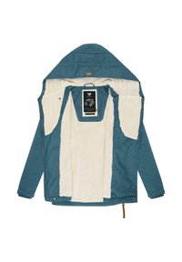 Turkusowa kurtka z kapturem, wyposażona w miękką kremową podszewkę z polaru, przedni zamek błyskawiczny i metkę wszytą wewnątrz. Tkanina ma teksturowane wykończenie.