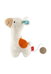 Plush llama toy featuring white fur, an orange patch, and a blue ear. Smooth snout with stitched features and a pull cord attached.