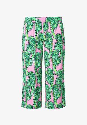 Bedruckte Capris mit pinkem Hintergrund und großen, grünen Tigern in einem wiederholten Muster. Elastischer Bund, leichtes Material.