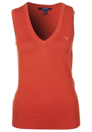 Halenka bez rukávů s V-výstřihem v oranžové barvě. Vyrobena z žebrovaného materiálu s přiléhavým střihem. Obsahuje malé logo na hrudi a rovný lem.