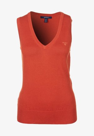 Ärmelloses V-Ausschnitt-Top in Orange. Hergestellt aus geripptem Material mit einer figurbetonten Passform. Verfügt über ein kleines Logo auf der Brust und einen geraden Saum.