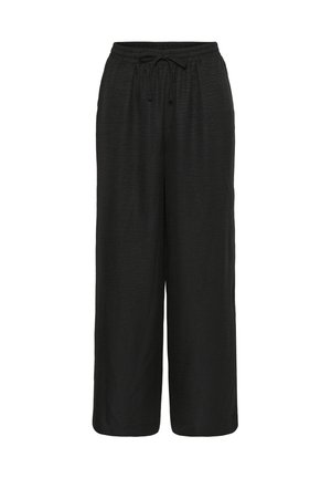 Pantaloni negri cu croială largă, cu talie elastică și închidere cu șnur, realizați dintr-un material ușor, texturat.