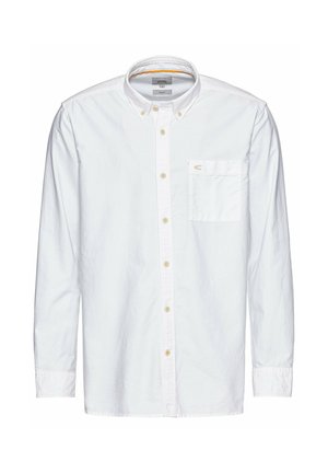 Weißes Langarmhemd mit Button-Down-Kragen, einer einzelnen Brusttasche und hellbeigen Knöpfen. Hergestellt aus strukturiertem Stoff.