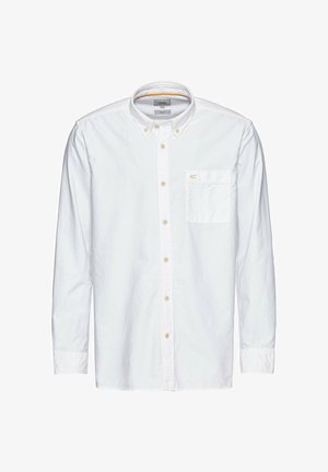 Weißes Langarmhemd mit Button-Down-Kragen, einer einzelnen Brusttasche und hellbeigen Knöpfen. Hergestellt aus strukturiertem Stoff.