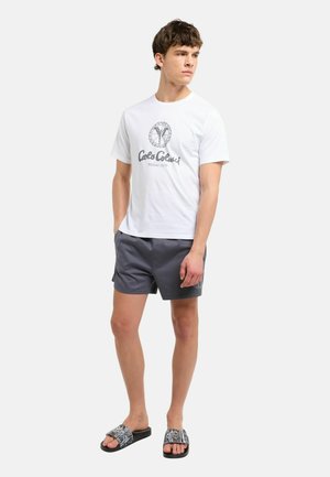Ung mand stående iført en hvid t-shirt med grafik, grå shorts og mønstrede slides mod en hvid baggrund.