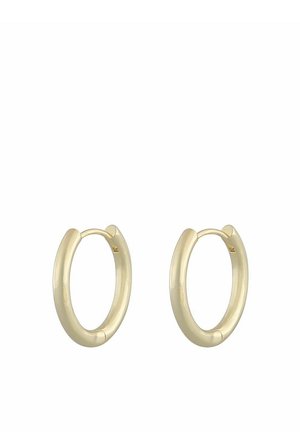 Small smooth gold hoop earrings with a rounded, polished design and hinged clasps for fastening.