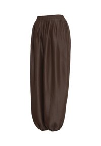 Pantalon marron ample avec taille élastique et poignets élastiques froncés, fabriqué dans un tissu léger légèrement texturé.